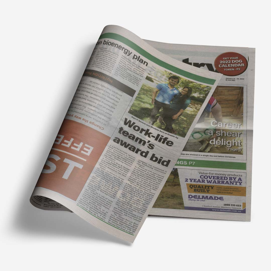 Enable Ag featured in Tasmanian Country Newspaper, Wins Award for Embracing Innovation
